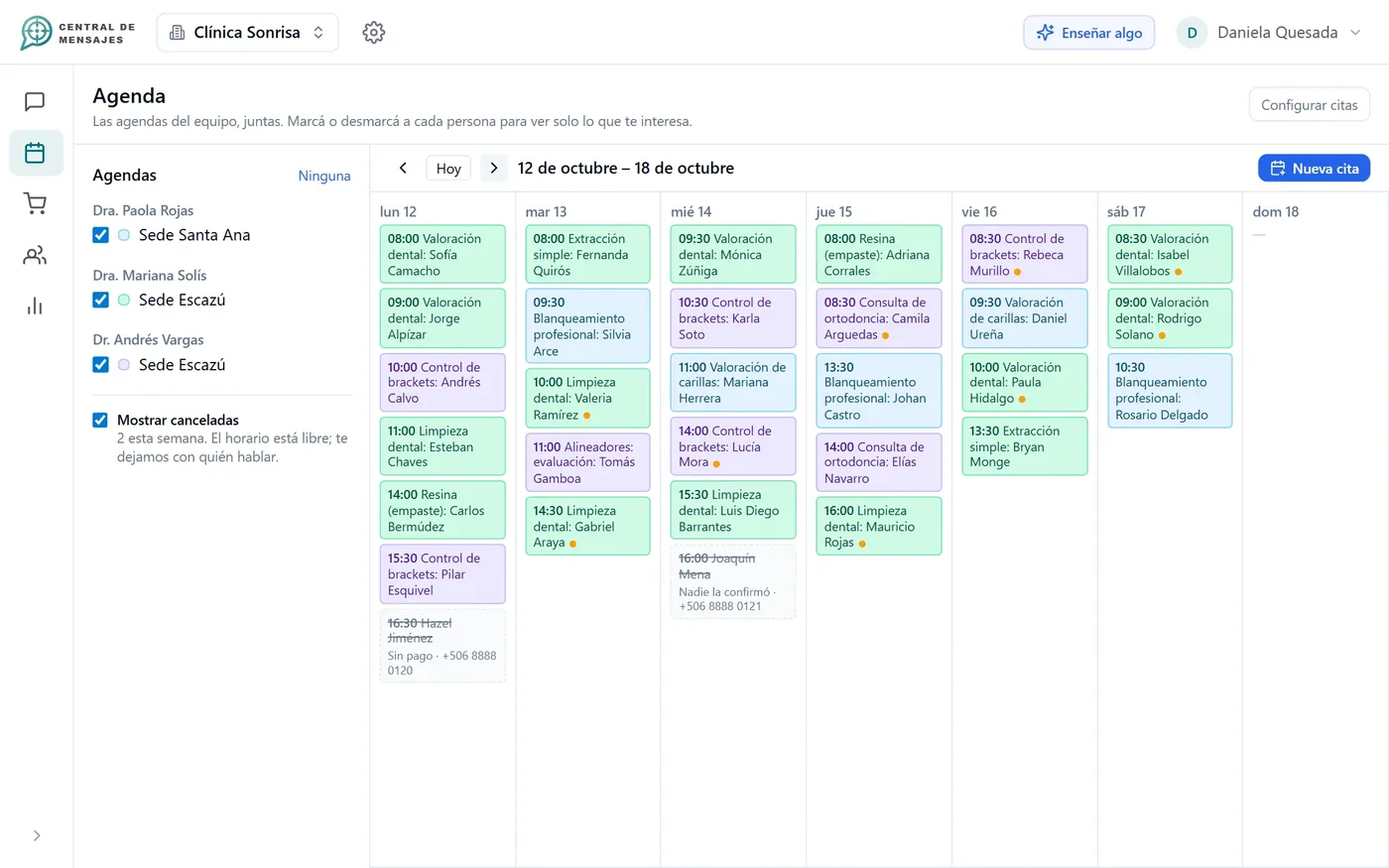 Agenda semanal de Central de Mensajes con varias agendas y citas