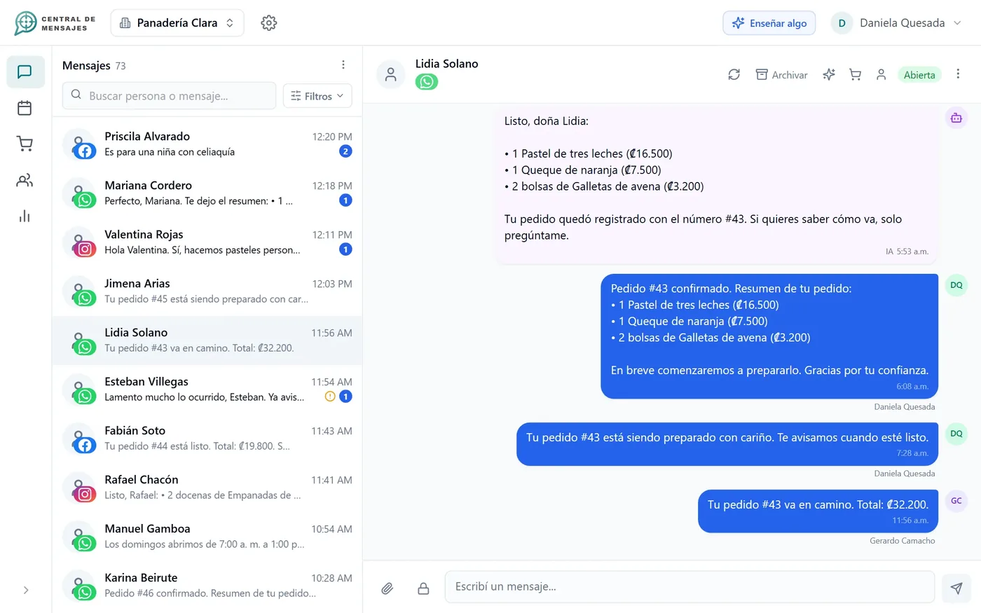 Pedido de una panadería con su resumen y avisos de estado enviados al cliente