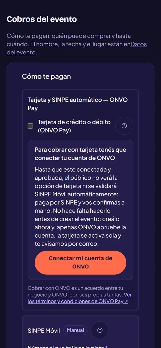 Pantalla de cobros del evento en En Cartelera con ONVO Pay y SINPE Móvil manual