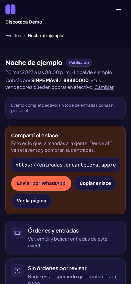 Pantalla de En Cartelera con el evento publicado y el enlace para compartir por WhatsApp