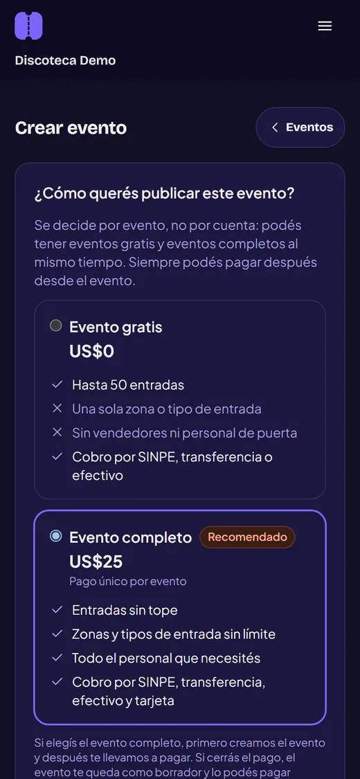 Pantalla de En Cartelera para elegir entre evento gratis y evento completo
