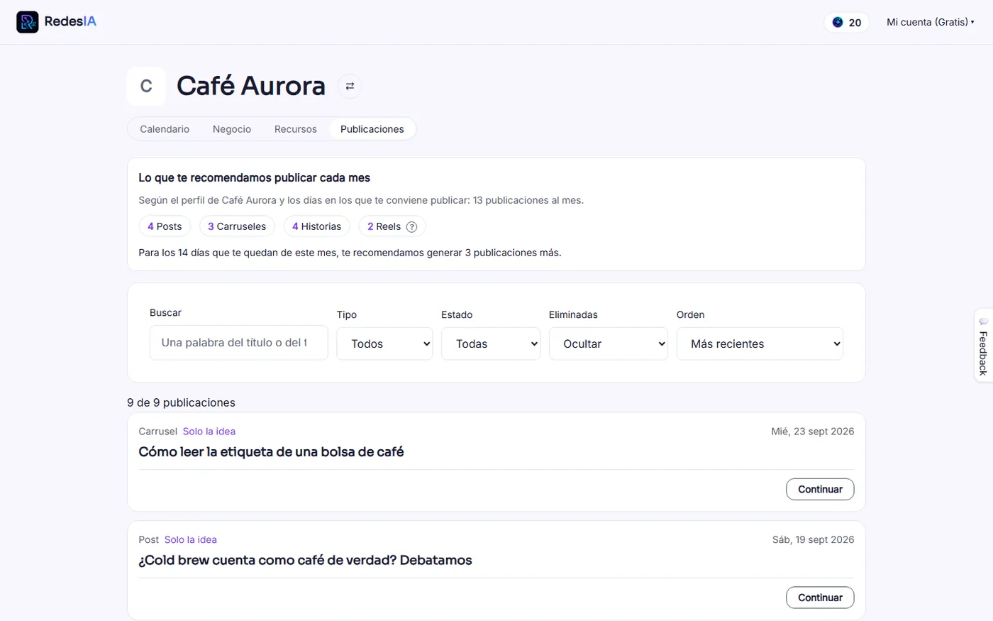 Lista de publicaciones de RedesIA con filtros por tipo y estado